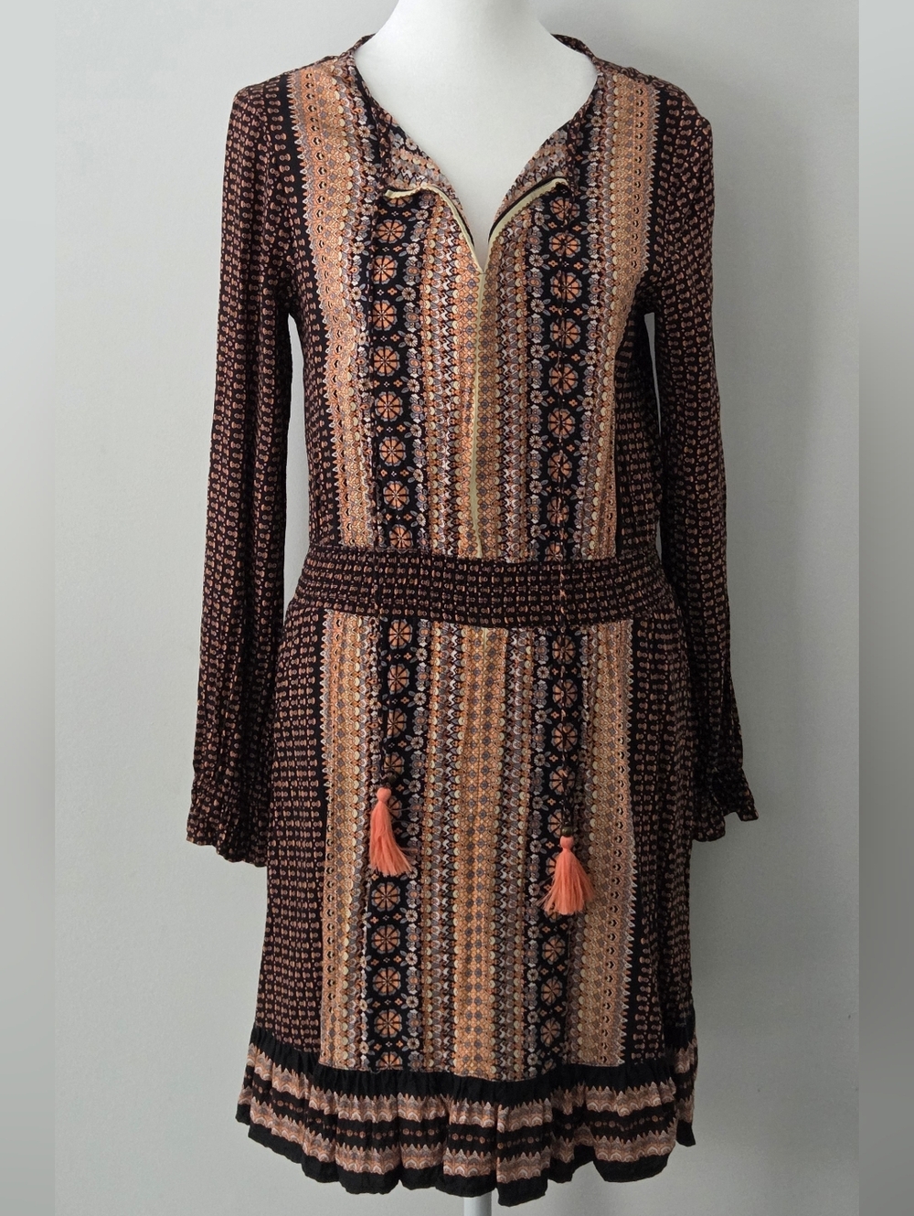 Only Long-Sleeve Printed Dress in Brown and Peach